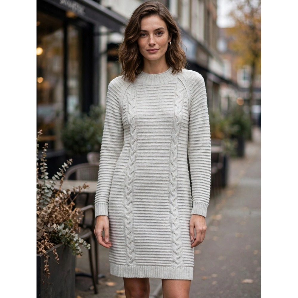 Banana Republic Gray Cable Knit Funnel Neck Sweater Dress Small 656832-01